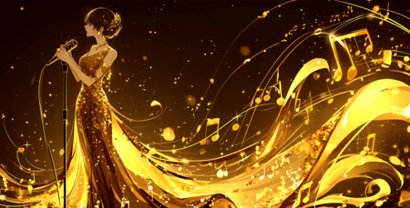 Beautiful singer in golden dress on stage with notes. Vector illustrationの素材