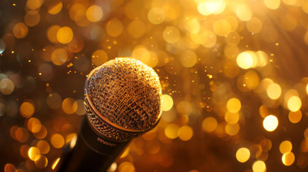 Microphone on golden bokeh background. Live music concept.の素材
