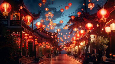 chinese lanterns on the street at night in china.の素材