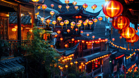Chinese lanterns decorate the streets of Fenghuang Ancient Townの素材