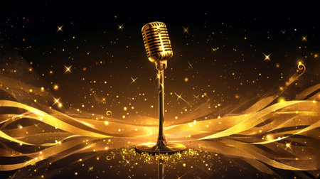 Illustration of a microphone on a golden background with stars and ribbonsの素材