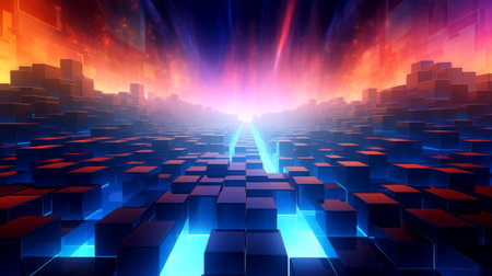 abstract technology background with blue and red cubes and light rays, 3d renderの素材