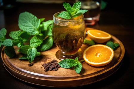 Mint tea with orange and mint on a wooden table, selective focusの素材