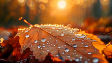 Autumn leaves with dew drops, close-up. Nature backgroundの素材