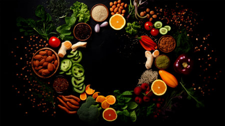 Healthy food background. Vegetables, fruits and spices on dark backgroundの素材