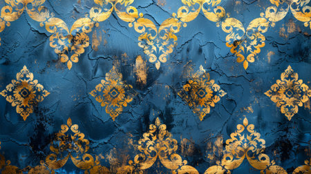 Old grunge blue wall with gold floral ornaments as backgroundの素材