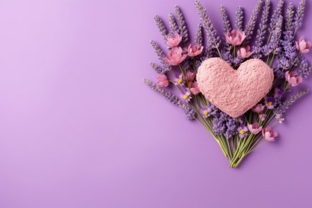 Pink heart and lavender flowers on a purple background. Copy space.の素材