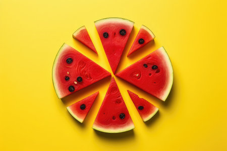Slices of ripe watermelon on yellow background, top viewの素材