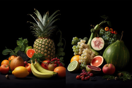 Fruits and vegetables on a black background. Healthy food concept.の素材