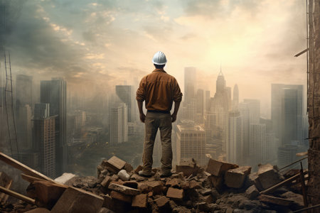 engineer standing in front of the broken brick wall with cityscape backgroundの素材