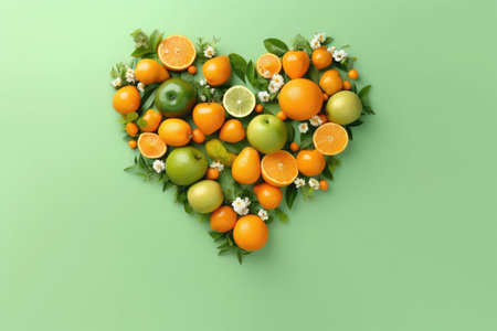 Heart made of fresh fruits and leaves on color background, flat layの素材