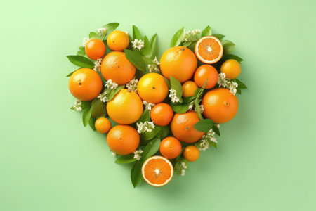 Oranges with leaves in heart shape on green background. Flat lay, top viewの素材
