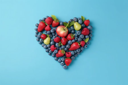 Heart made of fresh berries and fruits on blue background, top viewの素材