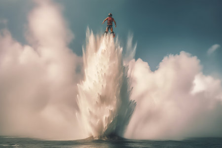 Man standing on the top of a waterfall. 3d rendering.の素材