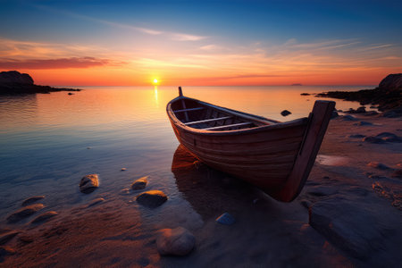 Fishing boat on the beach at sunset. Beautiful seascape.の素材