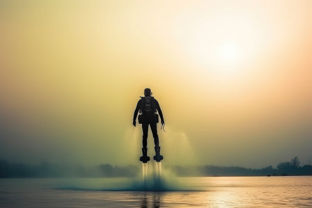 Silhouette of a diver in action on the lake during sunsetの素材