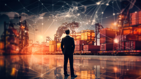 Double exposure of businessman looking at the container cargo freight ship and network connection.の素材