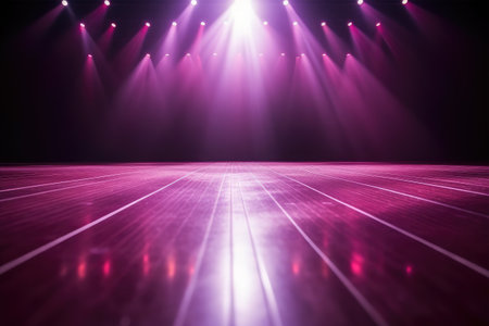 spotlights shine on stage floor in dark roomの素材