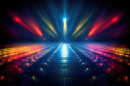 spotlights shine on stage floor in dark roomの素材