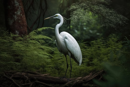 Great egret standing on a log in the forest. Vintage style.の素材