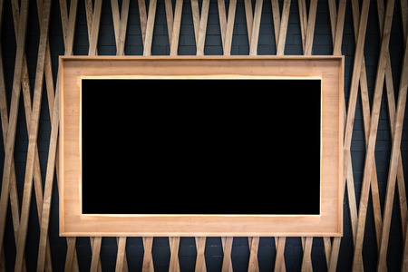 Blank wooden billboard frame with copy space for your advertising content on wooden panel backgroundの写真素材