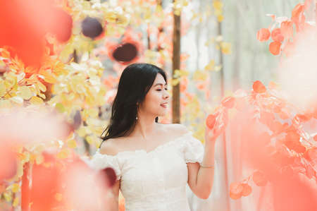 Portrait of happy beautiful Asian woman  in a white dress in autumn. warm sunny weather fall conceptの写真素材
