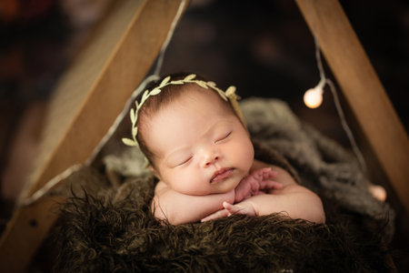 Adorable cute Asian newborn baby girl sleepingの写真素材