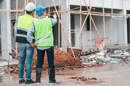 Back view of engineer discussing with foreman about project in real estate building construction siteの写真素材