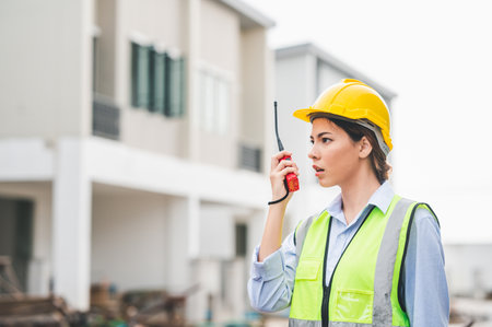 Asian attractive woman worker using walkie talkie on a construction site. woman at workの写真素材