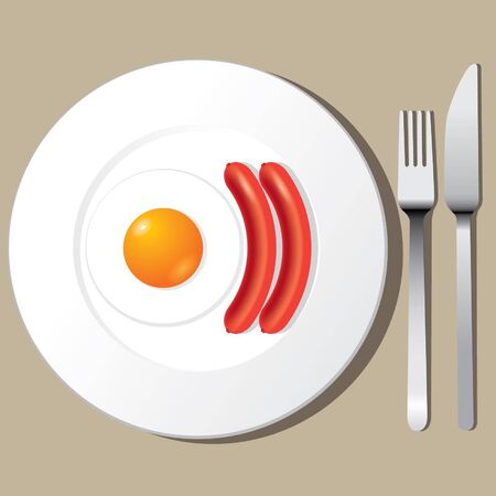 Fried egg and Sausage on a plate with flatwareのイラスト素材