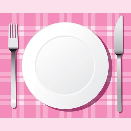 place setting. A white plate with silver fork and knifeのイラスト素材