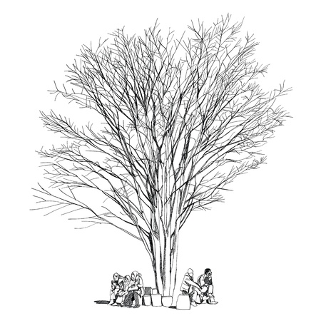 large bare tree without leaves and people - hand drawnのイラスト素材