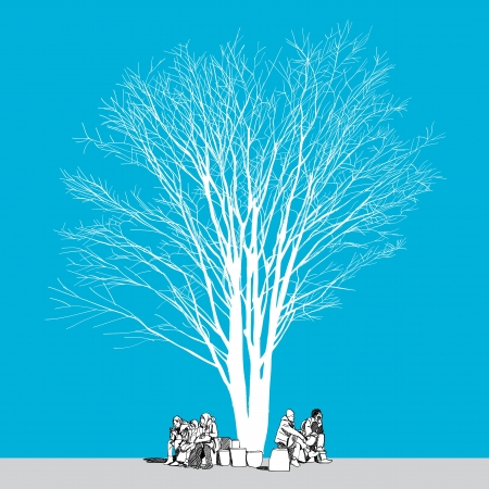 large bare tree without leaves and people - hand drawnのイラスト素材