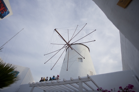 THAILAND CHA-AM PETCHBURI PROVINCE  MAY 05, 2013 : Beautiful Windmill made from wood in The Santorini Park, newest an amusement and shopping park at Cha-Am, Thailand, on May 05, 2013のeditorial素材