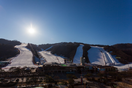 HONGCHEON, SOUTH KOREA - MARCH 7: View at Vivaldi Park Ski World in Hongcheon city, Gangwon Province, South Korea on March 7, 2014.のeditorial素材