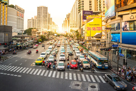 Bangkok, Thailand - October 4, 2014: Traffic jam on the road at Sukhumvit near BTS Asok on October 4, 2014 in Bangkokのeditorial素材