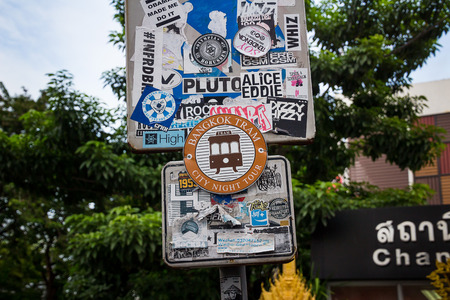 BANGKOK - OCTOBER 19: Tram stop on Khao San Road in the evening. On rainy dark day. on October 19, 2014 in Bangkok, Thailand.のeditorial素材