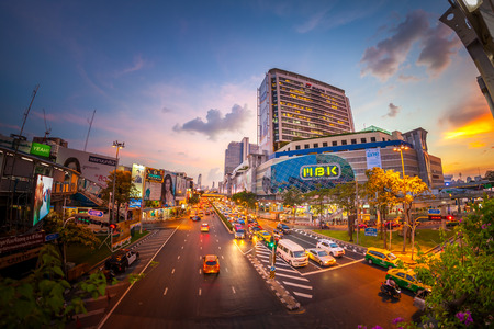 BANGKOK, THAILAND - NOVEMBER 19:  Fisheye view, MBK Center is a big shopping mall more than shops, restaurants, IT product, mobile phone, and service outlets in twilight of Bangkok, Thailand on November 19, 2015.のeditorial素材
