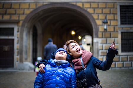 Asain Boy and mom inside Cesky Krumlov Czech Republicのeditorial素材