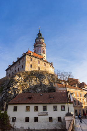 Cesky Krumlov tower view from the wooden bridge in the morning.のeditorial素材