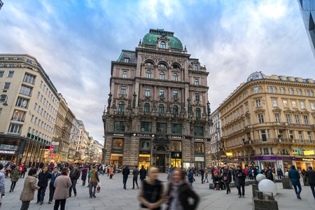 VIENNA, AUSTRIA- MARCH 6, 2016: Urban life and shop between side way in the pedestrianized old town Vienna. Austria, on March 6, 2016のeditorial素材