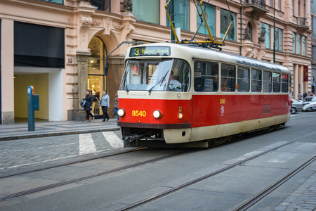 PRAGUE, CZECH REPUBLIC - MARCH 5, 2016: The vintage excursion tram number 3 parade goes on old town in Prague. on March 5, 2016のeditorial素材