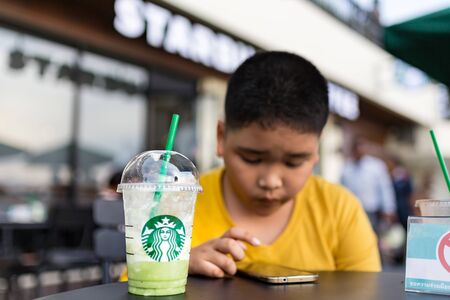 BANGKOK, THAILAND - SEPTEMBER 17, 2016: Starbucks coffee shop riverside of chao praya at Tha Maharaj...