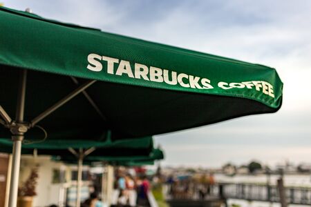 BANGKOK, THAILAND - SEPTEMBER 17, 2016: Starbucks coffee shop riverside of chao praya at Tha Maharaj in Bangkok, Thailand.のeditorial素材