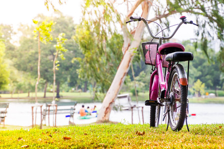 Vintage bicycle waiting on the grassの写真素材