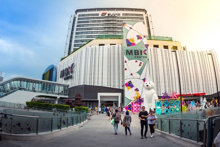 BANGKOK, THAILAND - APRIL 8: Fisheye view, The new renovated of MBK Shopping Center. MBK is a big shopping mall, restaurants, IT product, mobile phone, and service outlets in twilight of Bangkok, Thailand on April 8, 2017.のeditorial素材