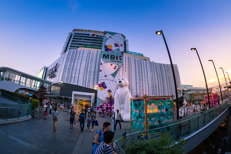 BANGKOK, THAILAND - APRIL 30: Fisheye view, The new renovated of MBK Shopping Center. MBK is a big shopping mall, restaurants, IT product, mobile phone, and service. Bangkok, Thailand on April 30, 2017.のeditorial素材