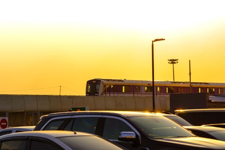 Nonthaburi, Thailand - April 22:  MRT sky train Purple Line is running on the evening. view from...
