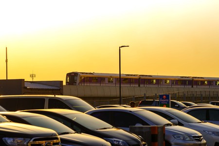 Nonthaburi, Thailand - April 22:  MRT sky train Purple Line is running on the evening. view from Central plaza westgate car park. on April 22, 2017 in Nonthaburi, Thailand.のeditorial素材