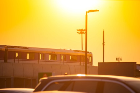 Nonthaburi, Thailand - April 22:  MRT sky train Purple Line is running on the evening. view from Central plaza westgate car park. on April 22, 2017 in Nonthaburi, Thailand.のeditorial素材